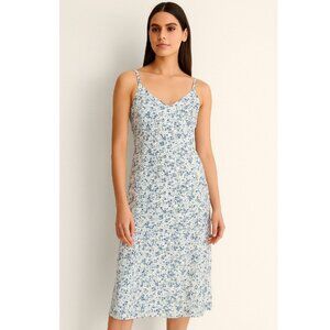 Floral Print Sleeveless V-Neck Midi Sundress Blue/Green Women's Size Bohemian